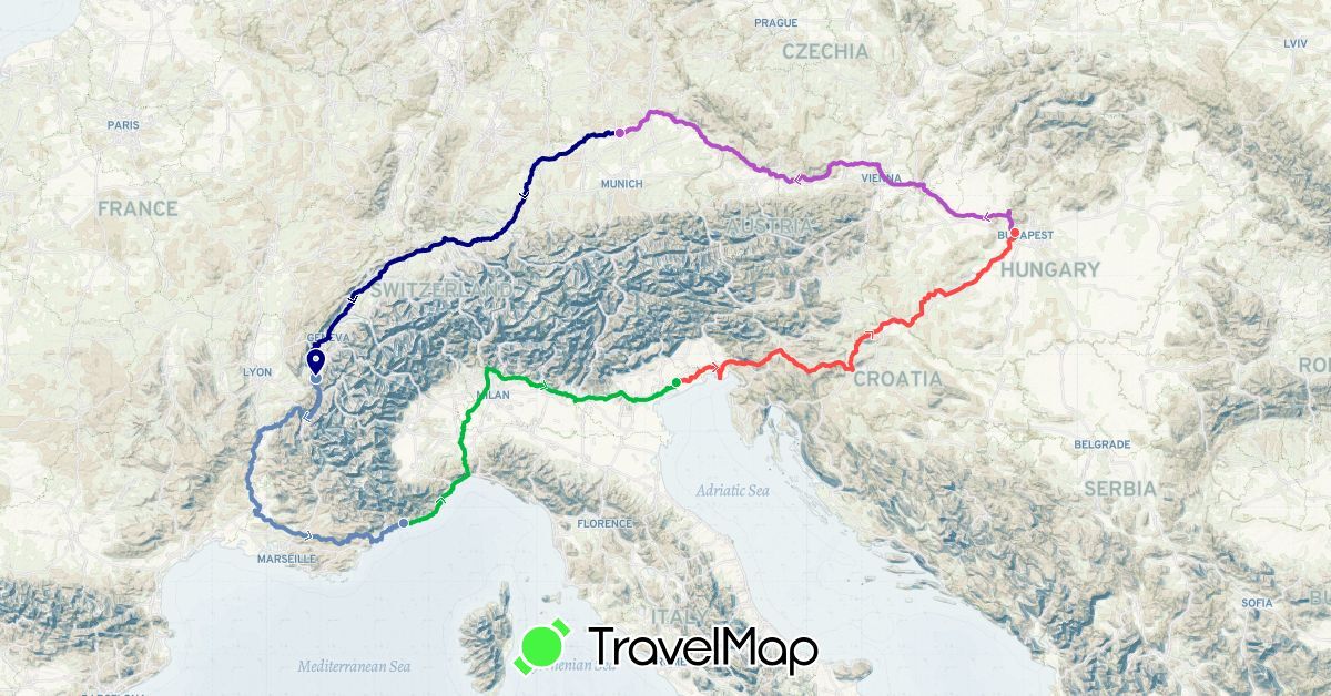 TravelMap itinerary: driving, bus, cycling, train, hiking in Germany, France, Hungary, Italy (Europe)