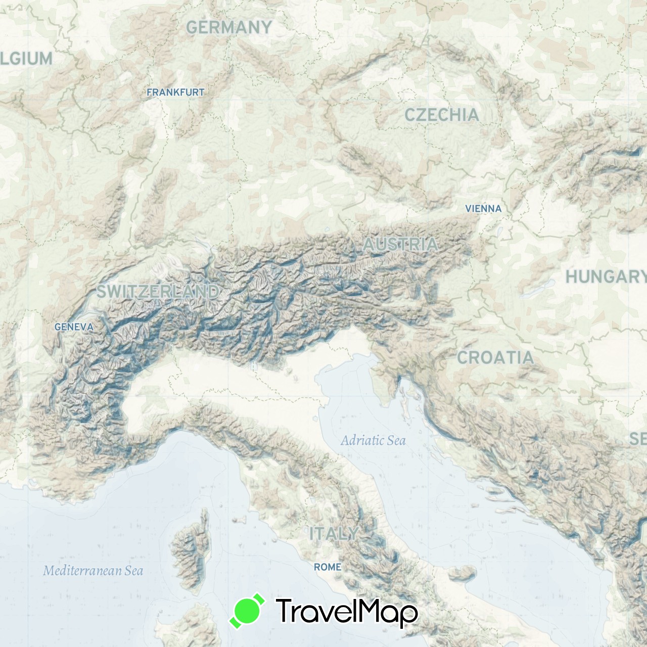 TravelMap itinerary: driving, bus, cycling, train, hiking in Germany, France, Hungary, Italy (Europe)