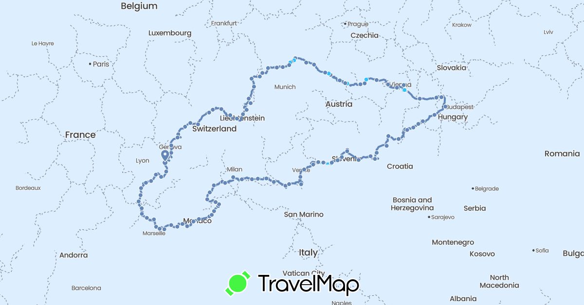 TravelMap itinerary: driving, cycling, boat in Austria, Switzerland, Germany, France, Croatia, Hungary, Italy, Slovenia, Slovakia (Europe)