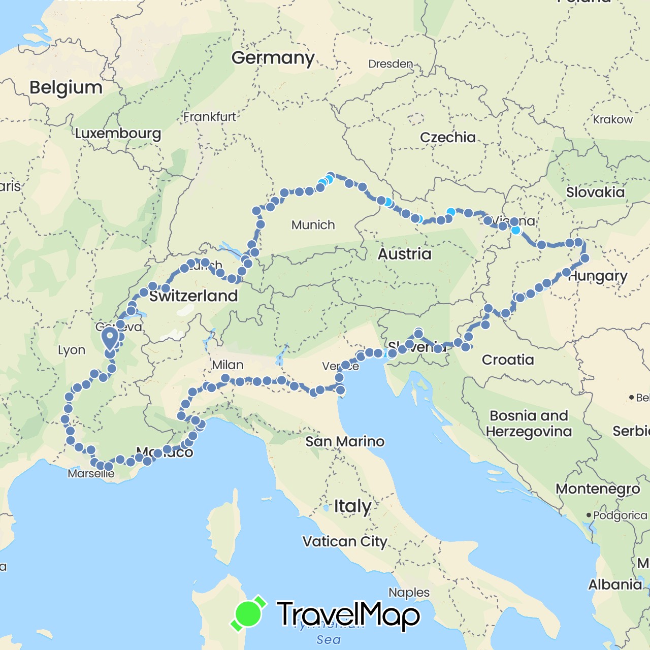 TravelMap itinerary: driving, cycling, boat in Austria, Switzerland, Germany, France, Croatia, Hungary, Italy, Slovenia, Slovakia (Europe)