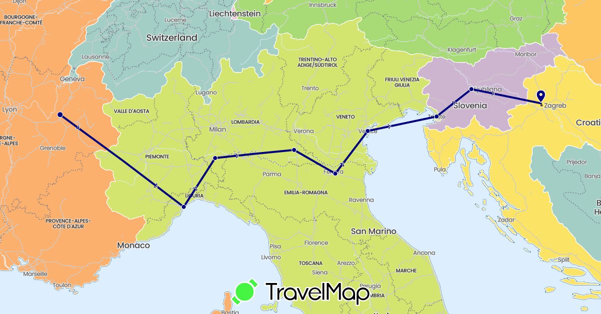 TravelMap itinerary: driving in France, Croatia, Italy, Slovenia (Europe)