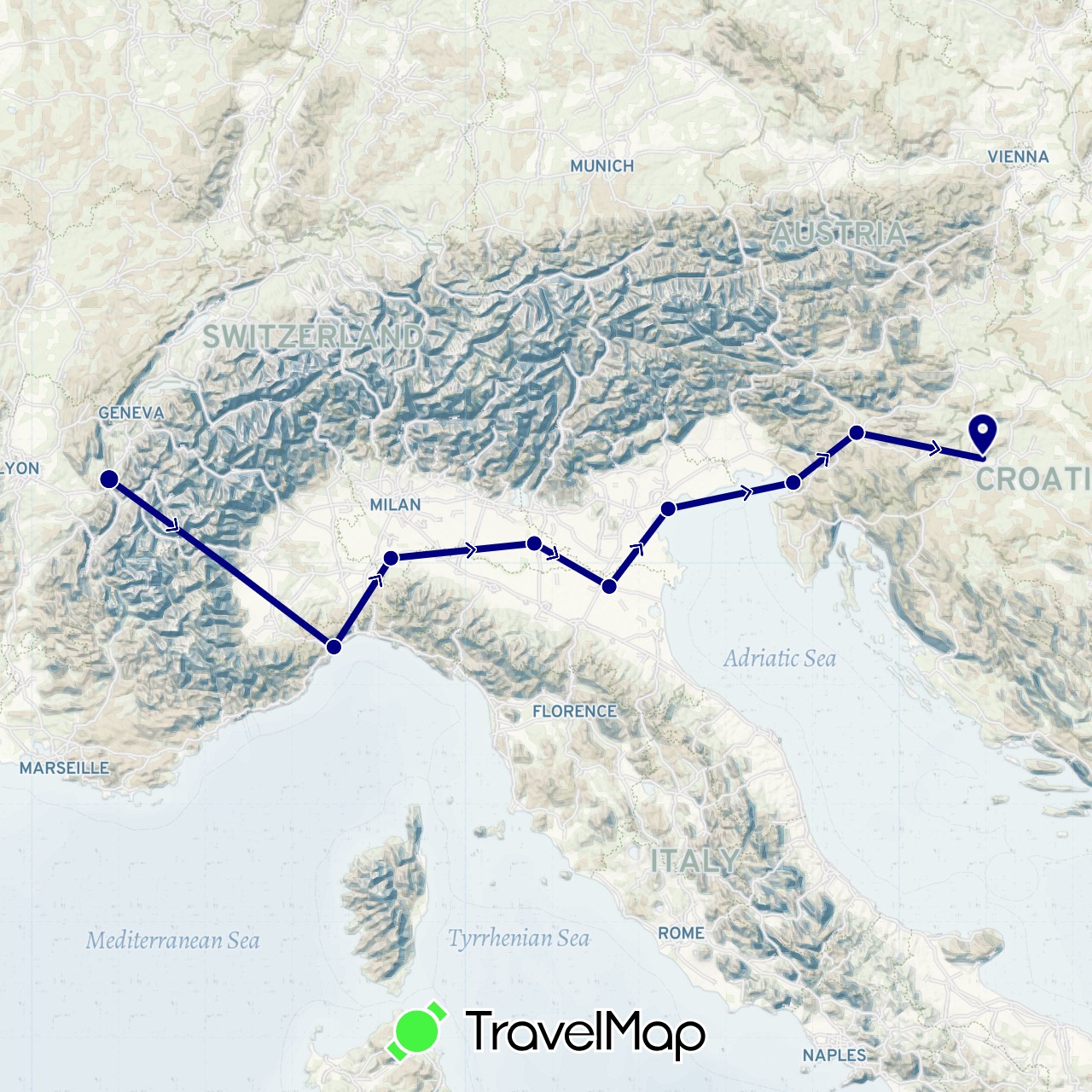 TravelMap itinerary: driving in France, Croatia, Italy, Slovenia (Europe)